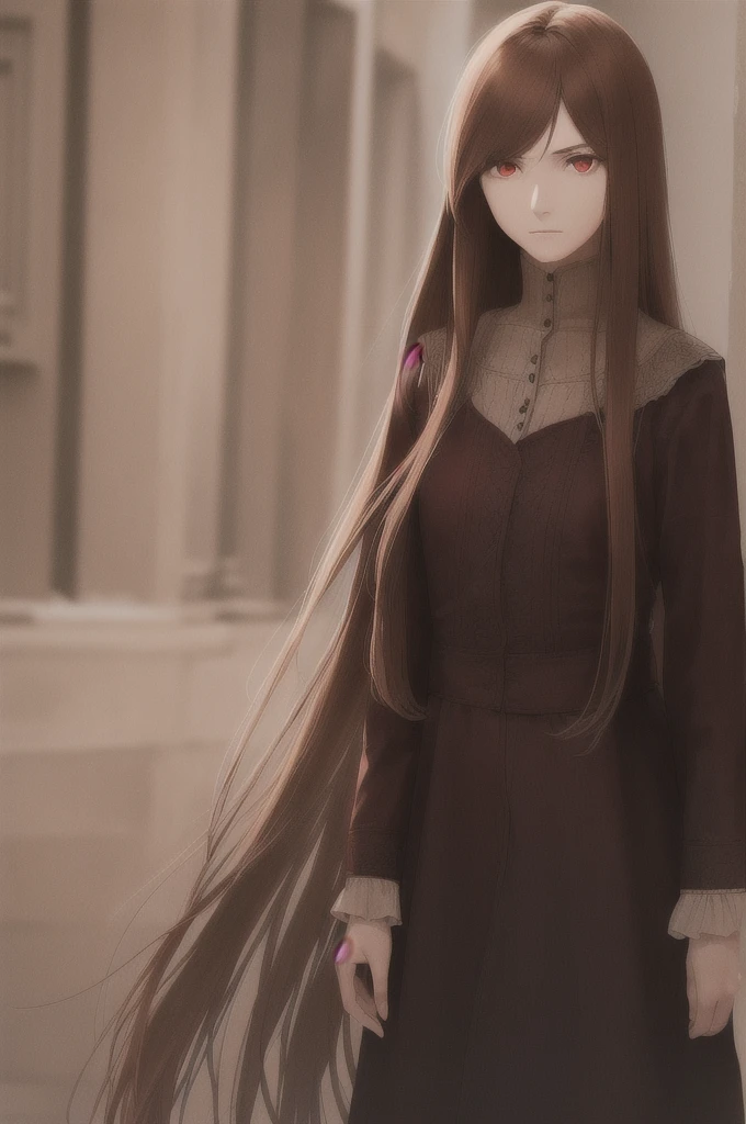 woman, long straight light brown hair, red eyes, with old clothes, dark inhabitant of terror, alone