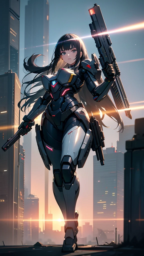 a highly detailed girl with black hair, several firearms, cityscape background with beams of light, shiny firearms, best quality, 8k, hyper detailed, masterpiece, photorealistic, cinematic lighting, dramatic, cyberpunk, mecha, powerful, intense, sci-fi, dynamic pose, realistic materials, glossy, metallic, sharp focus