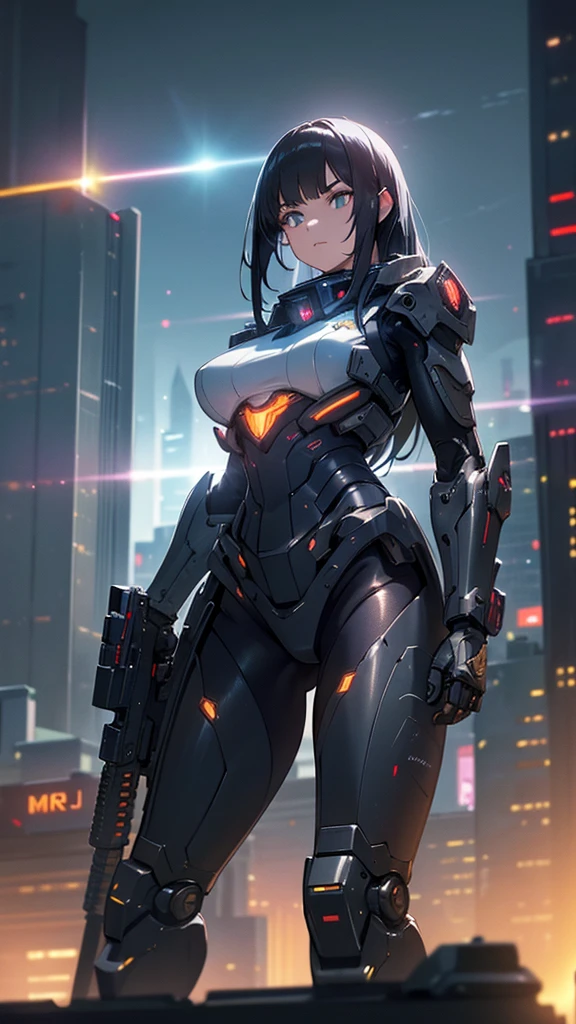 a highly detailed girl with black hair, several firearms, cityscape background with beams of light, shiny firearms, best quality, 8k, hyper detailed, masterpiece, photorealistic, cinematic lighting, dramatic, cyberpunk, mecha, powerful, intense, sci-fi, dynamic pose, realistic materials, glossy, metallic, sharp focus