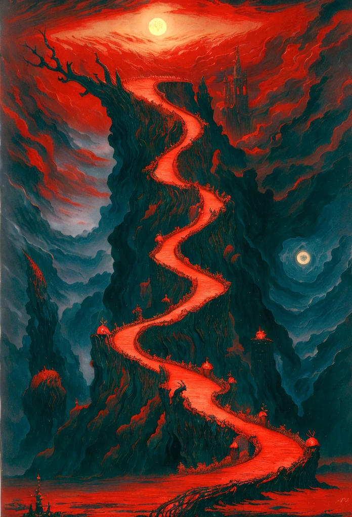 Mythical creatures, author:Zdzislaw Beksiński and Vincent Van Gogh, Album cover, romantic, Surrealism, Futuristic ,Satan, Coral, Wizard, Abstracted, dark, red, hell, landscape