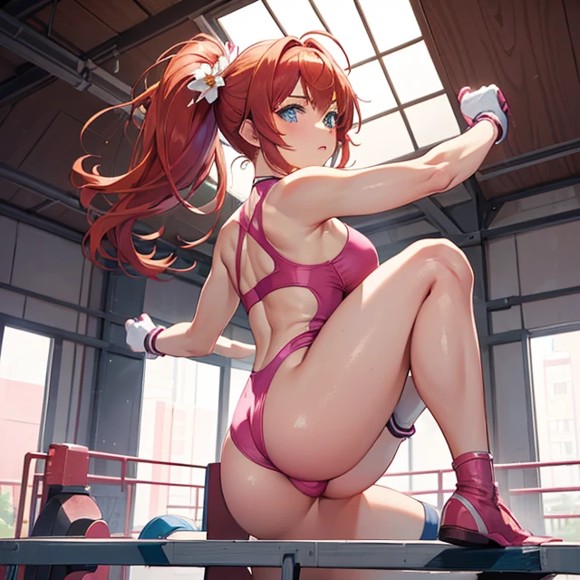 (masterpiece, best quality, detailed), 1girl, solo, female wrestling, doing pushups
ElfGirl, reddish orange hair, medium hair, 1 left hair short pigtail tied with two flowers lightblue flower at side of hair, light blue eyes, serious, closed mouth, huge breasts, big butt, beautiful legs, (pink wrestling gear, pink bikini one-piece leotard, pink wrestling boots, ping wrestling knee pads, pink elbow pads, pink gloves), 
gym room, white gym room, treadmills around, afternoon through the windows