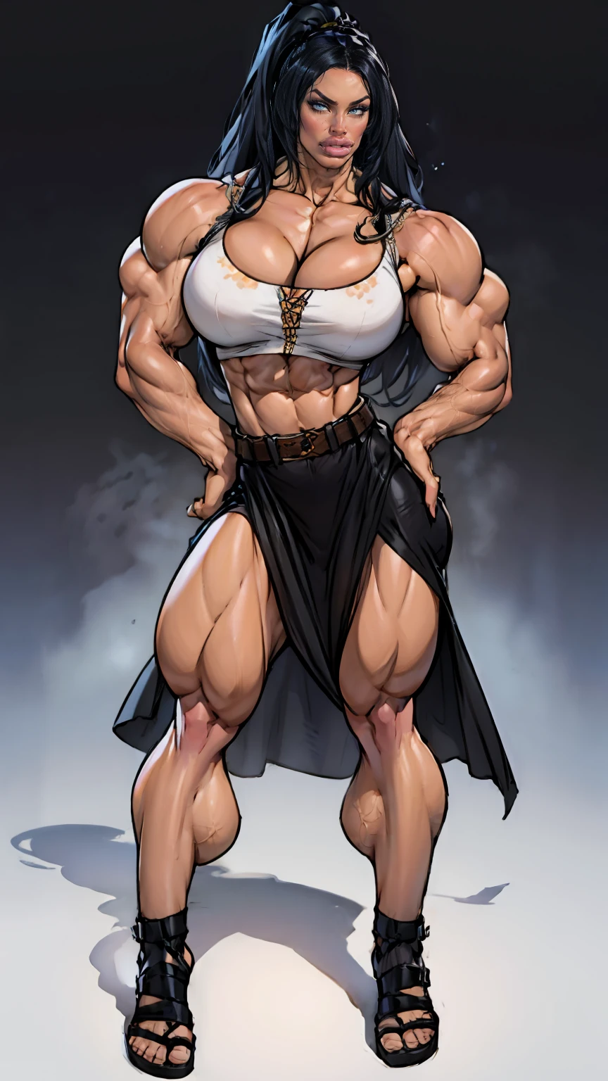 ((((megan fox)))), (((((muscular girl))))), huge , thick arms, narrow hips, curvy very long hair, black hair, yellow eyes, long dress, seductive expression, ((grey background))
