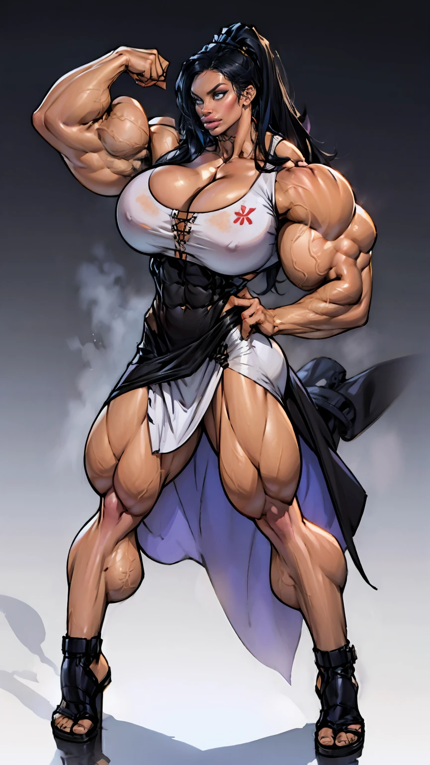 ((((megan fox)))), (((((muscular girl))))), huge , thick arms, narrow hips, curvy very long hair, black hair, yellow eyes, long dress,  expression, ((grey background))