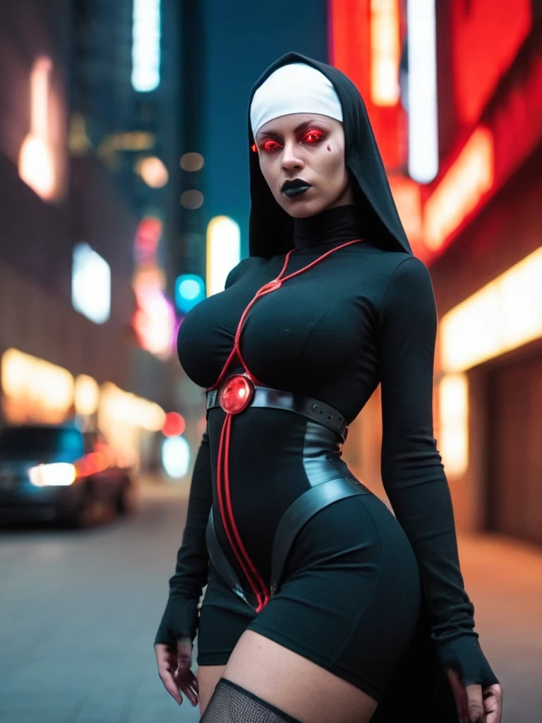 ral-opal, meahophontron, whole body, Sexy cyberpunk woman face, devil nun, negro, looking to the camera, nun body clothing, Red eyes, primer plano looking to the camera, realist, Beautiful woman, cara sexy, black clothes, gray and red, big tits.