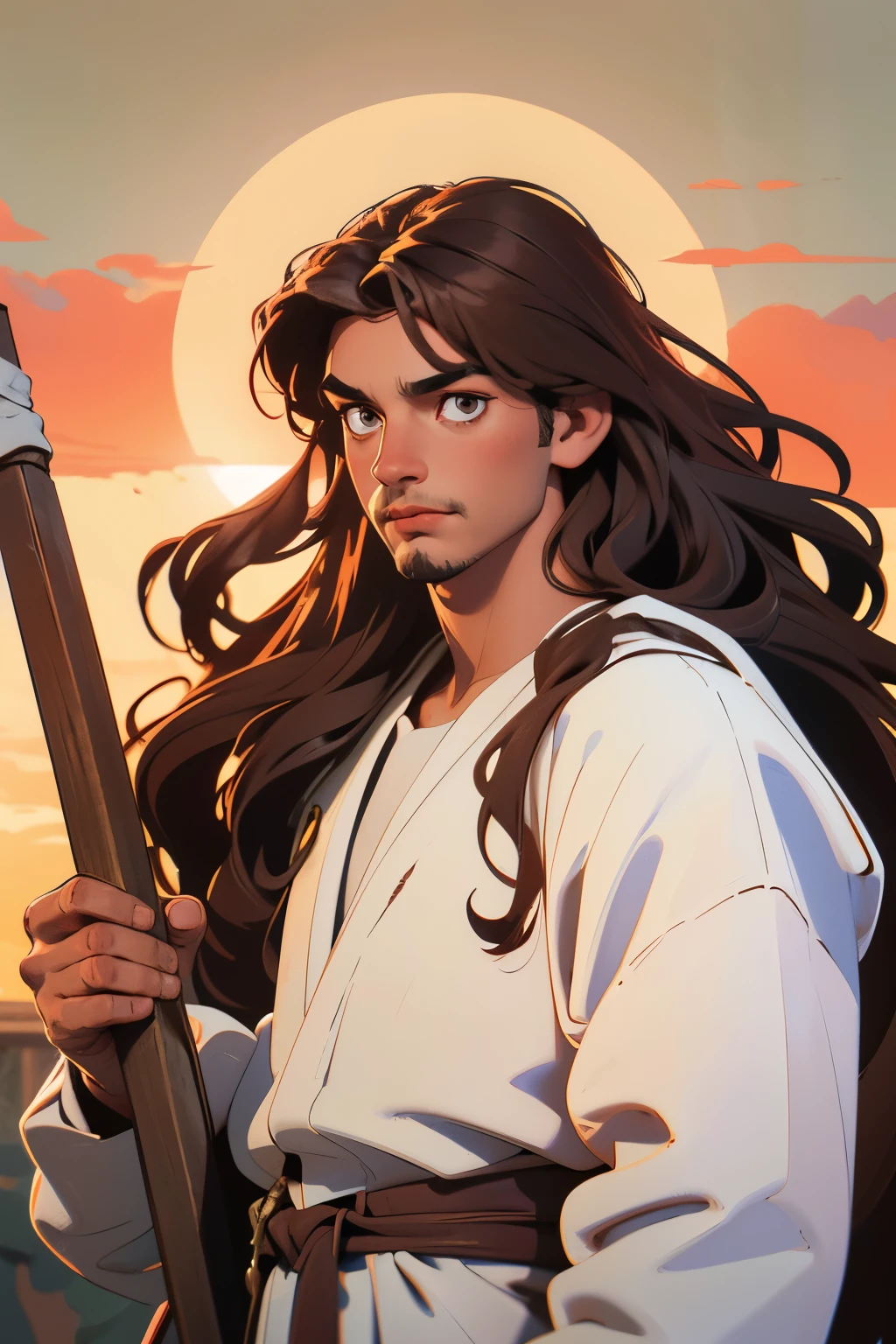 create an image in a semi-realistic painting style of Jesus As a man. with brown skin, wavy hair down to the shoulders, and wearing a diadem on the head and eyes like the sun, dressed in a white robe stained with blood him lookin at the front