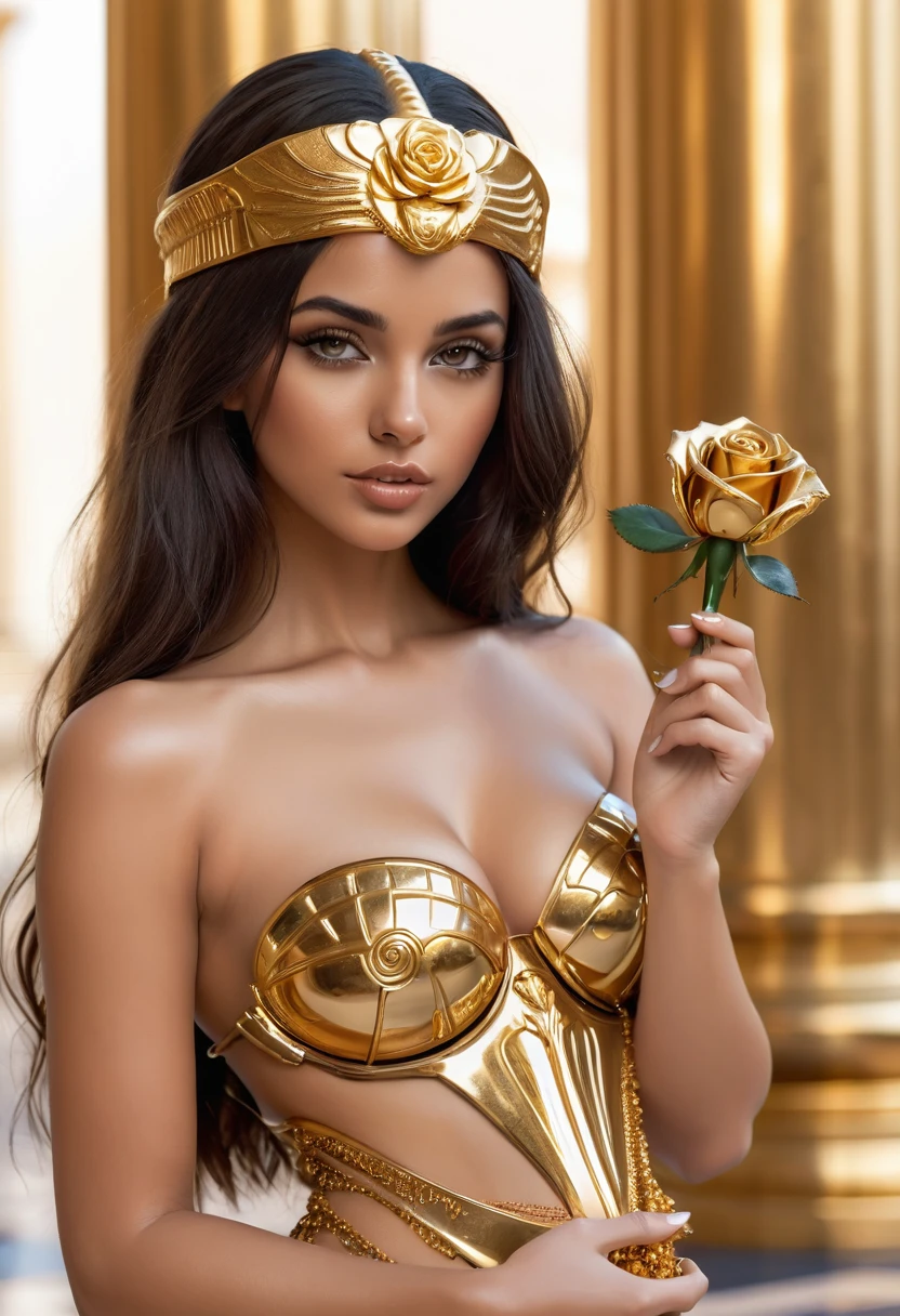 close-up, absolutely naked cute sexual girl , kissing gold rose in her hand and looking at me, flirt, cyberpank gold parts body,against the backdrop gold Egyptian columns, ultra high quality detailing