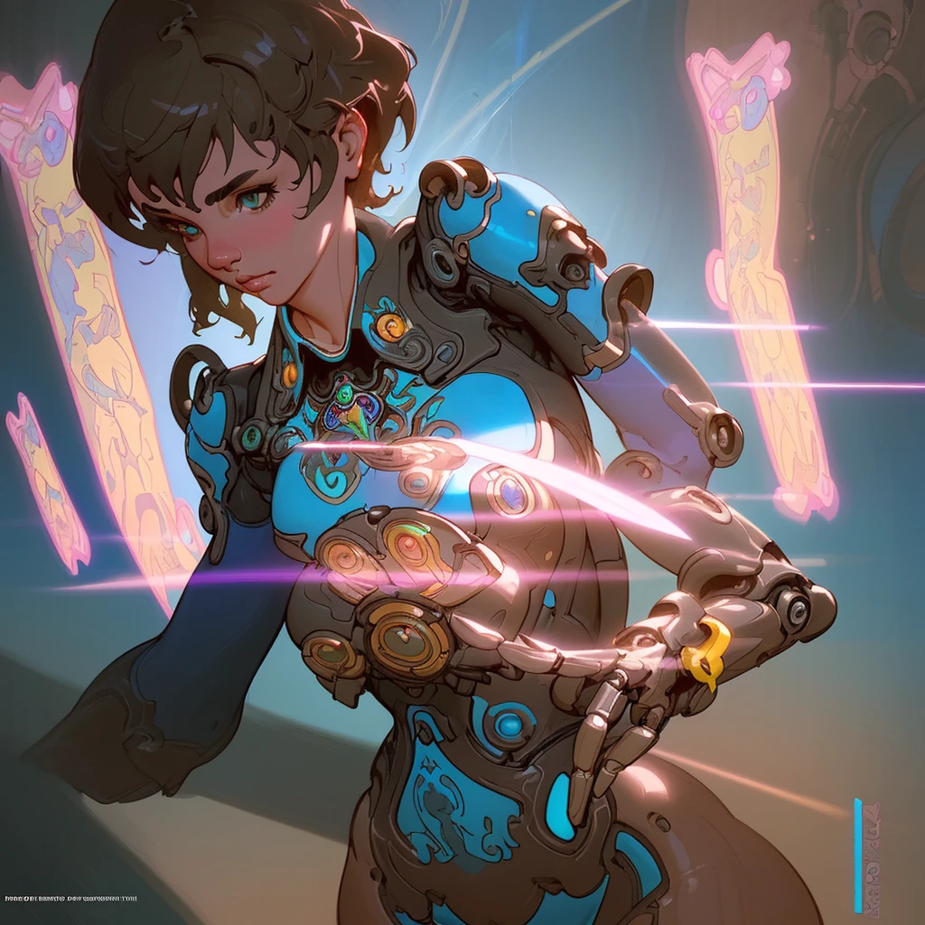a beautiful woman with a robotic body, hyper-realistic, cinematic angle, blurred neon blue background, visible circuits, vibrant, detailed, zbrush, comic illustration, artstation trending, by Peter Mohrbacher, by Wlop, by Ruan Jia, by Alphonse Mucha, by Dmitry Prozorov, by Norman Rockwell