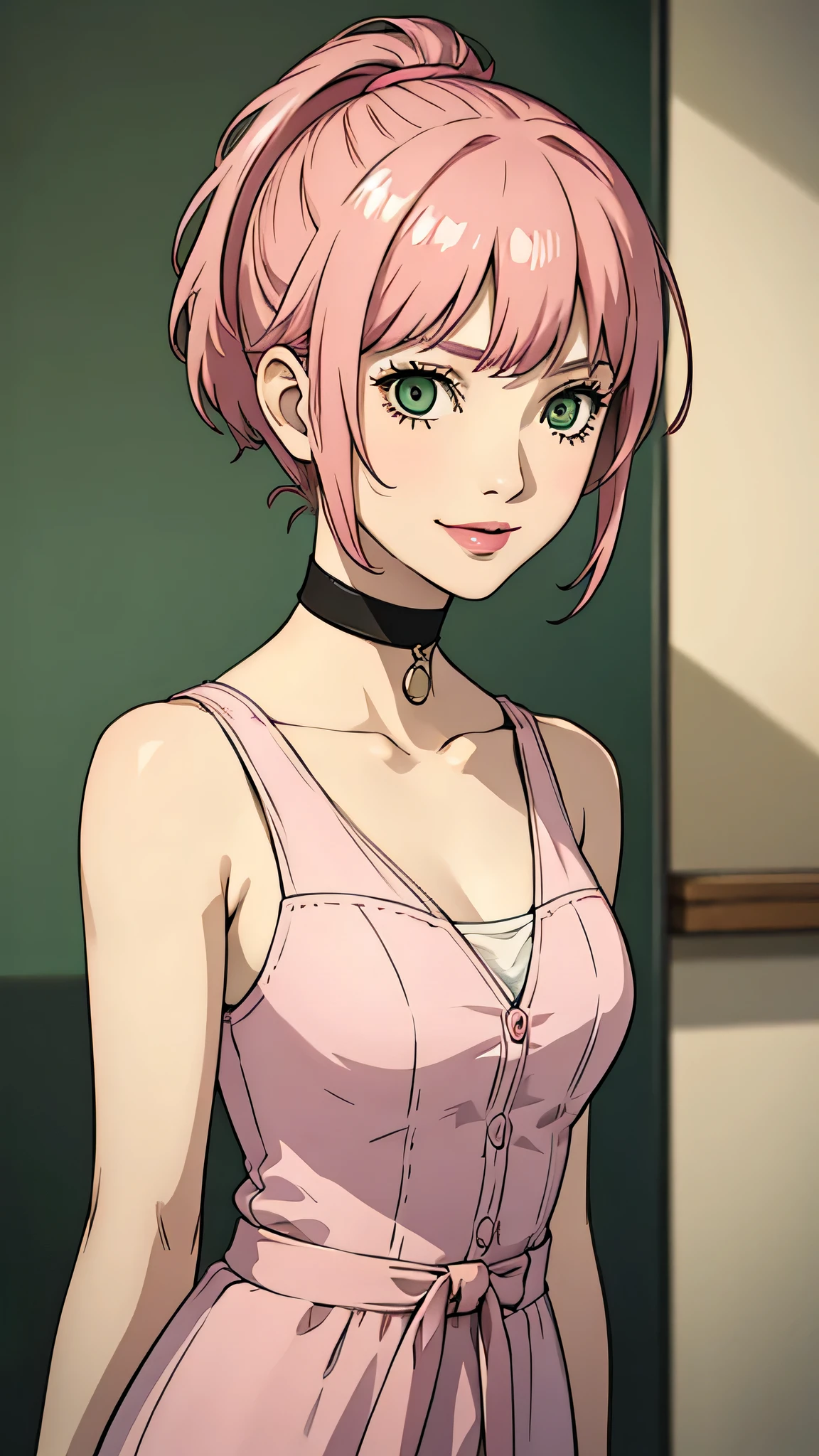 1 girl , green eyes, very Short hair, pink choker, lipstick, Shy smile, pink hair , portrait , ponytail