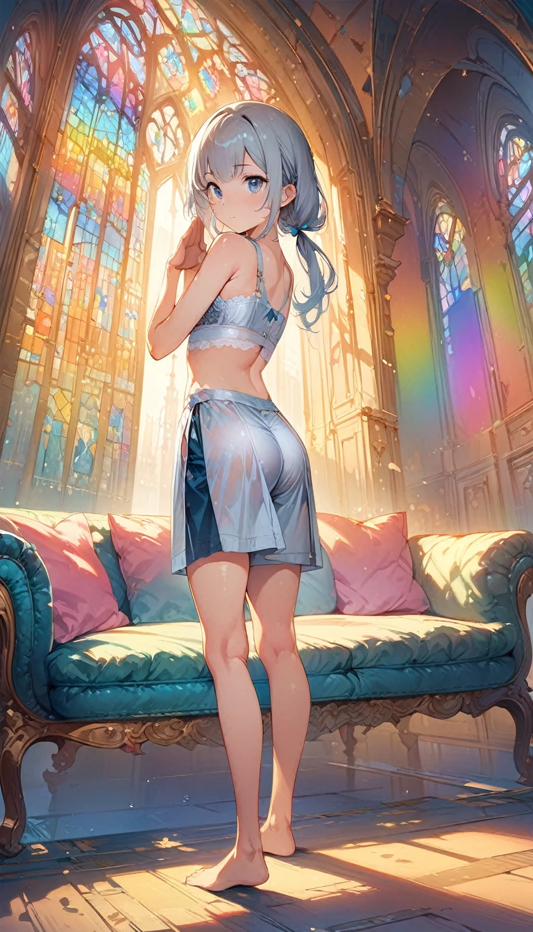 (masterpiece:1.8),(Highest quality:1.8),(Very detailed:1.8),(8k:1.8),(Ultra-fine Illustration:1.5),,,Straight low twintail,Flat Chest,Small Ass,(High-grade metallic silver,,lingerie:1.4),(Prayer Pose:1.5),Vintage sofa,,(Full body angle), Stained glass, Rainbow Gradient, Foundation, (bra:1.3), (lingerie,ホワイトculottes:1.3),