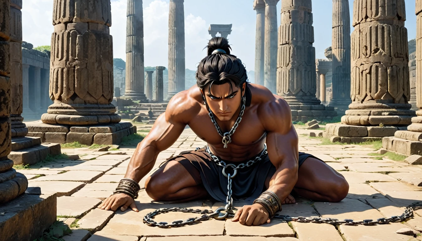 Main figure: (((Samson, with cut hair, chained on his knees prostrate on the ground, with an expression of pain and despair))), Setting: ((Ruins of a temple with broken pillars)).
