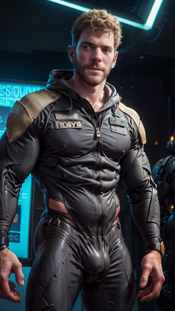 Masterpiece, denoise, void noise, one man, best quality, 8k resolution, male focus, focus only, amazing composition, volumetric lighting, super quality, elegant, Very detailed, front view, facing viewer, -----------, 35 years old, mature face, muscular, Caucasian, (((white skin, pale skin))), handsome, (detailed light-blue eyes), ((light blonde hair, messy medium hairstyle)), big ears, , (medium long beard), (((((Jim Sturgess mixed with Russell Tovey))))), , ------------, ((((detailed hard padded cybersuit)))),