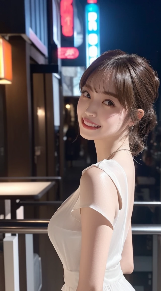 8K, masterpiece, RAW Photos, Highest quality, detailed:1.2),Realistic, extremely detaileded CG unity 8K wallpaper, Depth of written boundary, Cinematic Light, Lens flare, Ray Tracing, (Very beautiful face, Beautiful Lips, Beautiful Eyes), intricate detailed face, ((ultra detaileded skin)) One girl, In the Dark, Deep Shadow, Cute Korean Girl, K-Pop Idols,(Very slim slender fit-muscled body:1.3), ((View your viewers)),(Big smile), (Tight mini dress), (Short Sleeve) , (city night, (Neon Signs), Dim lighting, rooftop, Balcony, (night), Cute Korean Girl, Earrings, bracelet, necklace, pantyhose, Clear Eyes, walking , (Pale skin), Look forward, (Big eyes), ((Upper Body Shot)), fitted dress, Silk dress, Lace dress, (See-through dress), Turn back, Buckshot, Very slim, Defamation, Updo, Silver color dress, tight super mini skirt