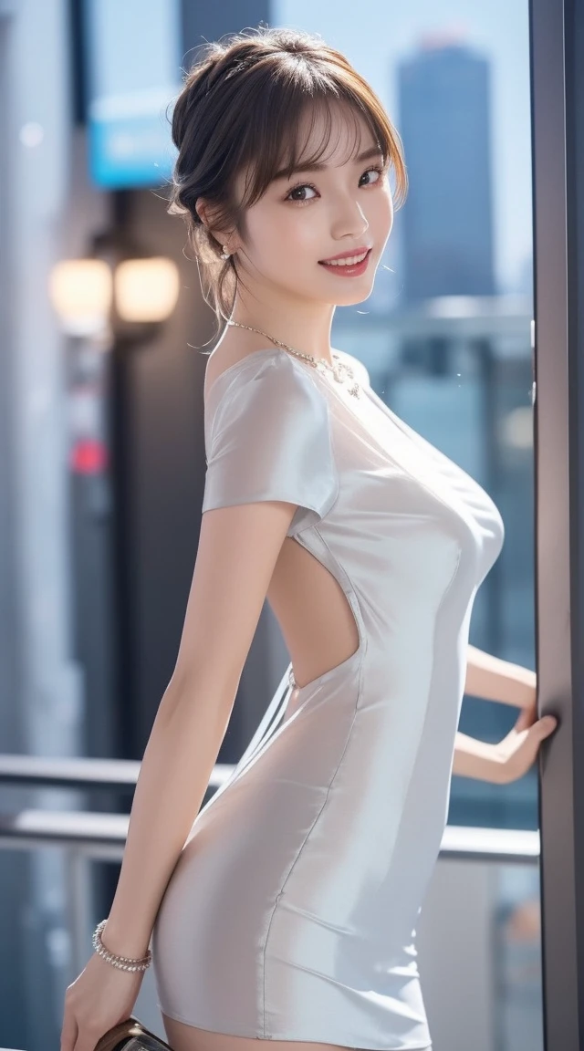 8K, masterpiece, RAW Photos, Highest quality, detailed:1.2),Realistic, extremely detaileded CG unity 8K wallpaper, Depth of written boundary, Cinematic Light, Lens flare, Ray Tracing, (Very beautiful face, Beautiful Lips, Beautiful Eyes), intricate detailed face, ((ultra detaileded skin)) One girl, In the Dark, Deep Shadow, Cute Korean Girl, K-Pop Idols,(Very slim slender fit-muscled body:1.3), ((View your viewers)),(Big smile), (Tight mini dress), (Short Sleeve) , (city night, (Neon Signs), Dim lighting, rooftop, Balcony, (night), Cute Korean Girl, Earrings, bracelet, necklace, pantyhose, Clear Eyes, walking , (Pale skin), Look forward, (Big eyes), ((Upper Body Shot)), fitted dress, Silk dress, Lace dress, (See-through dress), Turn back, Buckshot, Very slim, Defamation, Updo, Silver color dress, tight super mini skirt