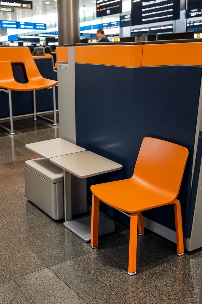 btl in an airport, for people to connect their phones, and they can sit and wait, minimum two chairs. It should be a small space and in orange tones