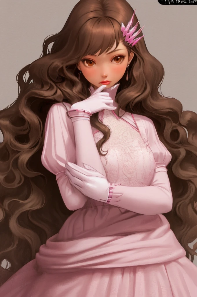 I need a semi-realistic anime style girl with brown eyes, long wavy brown hair, the girl must wear a modern pink and white princess dress with black, long and with accessories, with the phrase "Typa girl" 