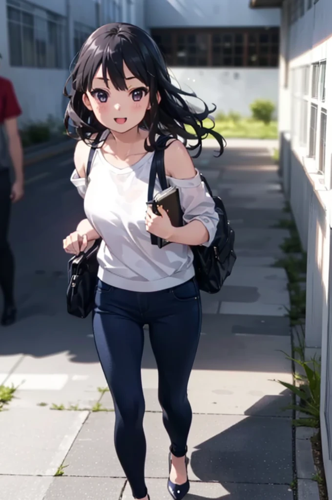 mioakiyama, My Akiyama, Long Hair, bangs, Black Hair, (Iris:1.3), Hime cut happy smile, smile, Open your mouth,blush,Cold shoulder tops,skinny pants,Stiletto heels,Walking,The sun is rising,morning,morning陽,whole bodyがイラストに入るように,
break outdoors, School,courtyard,
break looking at viewer, whole body,
break (masterpiece:1.2), Highest quality, High resolution, unity 8k wallpaper, (figure:0.8), (Beautiful attention to detail:1.6), Highly detailed face, Perfect lighting, Highly detailed CG, (Perfect hands, Perfect Anatomy),