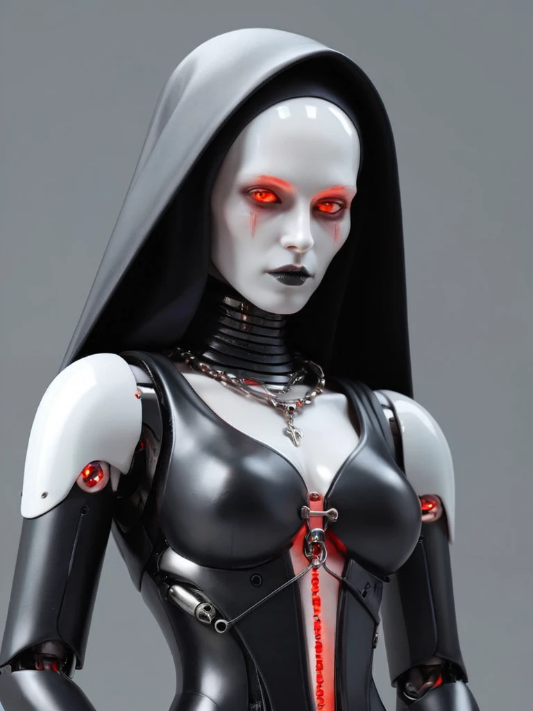 ral-opal, meahophontron, full body, woman robot face, devil nun, negro, looking at camera, body nun clothes, red eyes, primer plano looking at camera, realist, beautifull woman, sexy face, black clothes, gray and red.