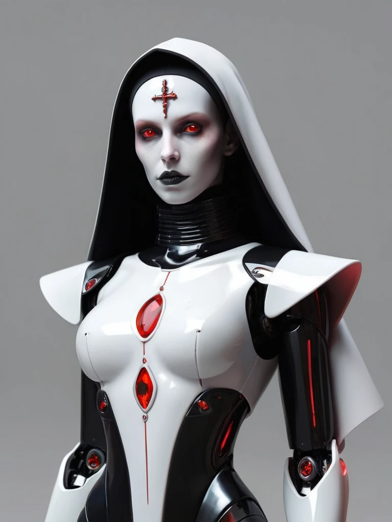 ral-opal, meahophontron, full body, woman robot face, devil nun, negro, looking at camera, body nun clothes, red eyes, primer plano looking at camera, realist, beautifull woman, sexy face, black clothes, gray and red.
