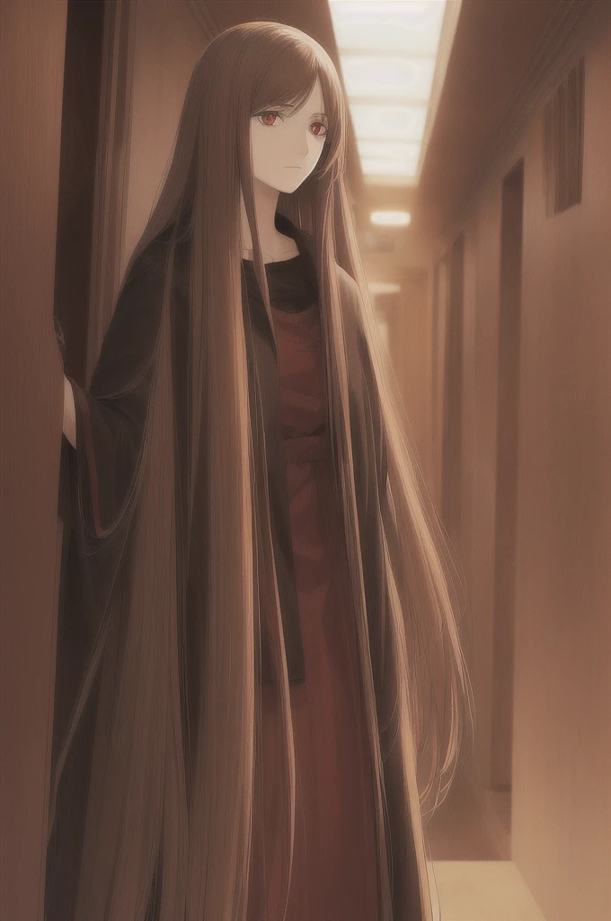 woman, long straight light brown hair, red eyes, with old clothes, dark inhabitant of terror, alone