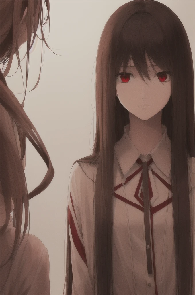 woman, long straight light brown hair, red eyes, with old clothes, dark inhabitant of terror, alone