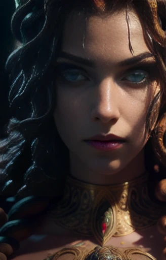 ((best quality)), ((masterpiece)), ((realistic)), Medusa, full body, the hair is composed of countless small snakes, green eyes, female face, metal carved top, royal aura, trend on artstation , sharp focus, studio photo, intricate detail, very detailed, detailed eye, illustration, very detailed, sharp focus, digital render, professional, 4k