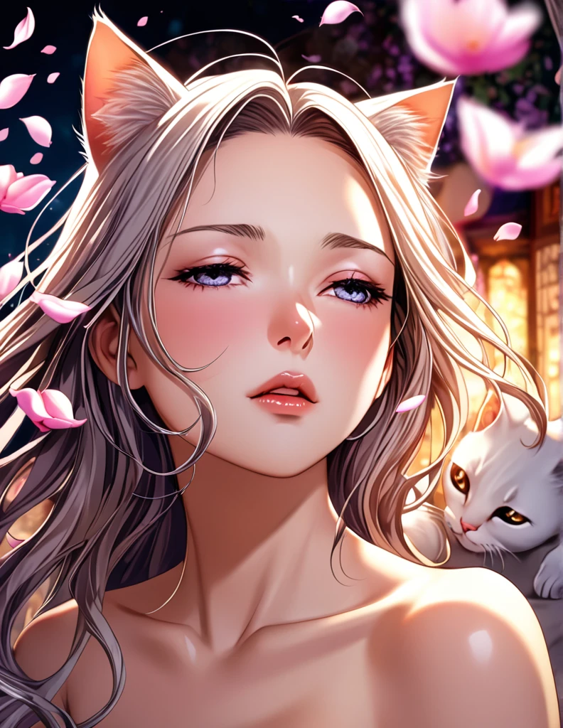 (Harem Manga style:1.2) , Hallucination, daydream , nightmare , Insane Dream , bokeh , erotica , romance , cat nymph and realistic cat , Petals fluttering down , (Single eyelids, round nose, swollen cheeks) , glossy lips , Collarbone , Hair blowing in the wind , Goddess of lust