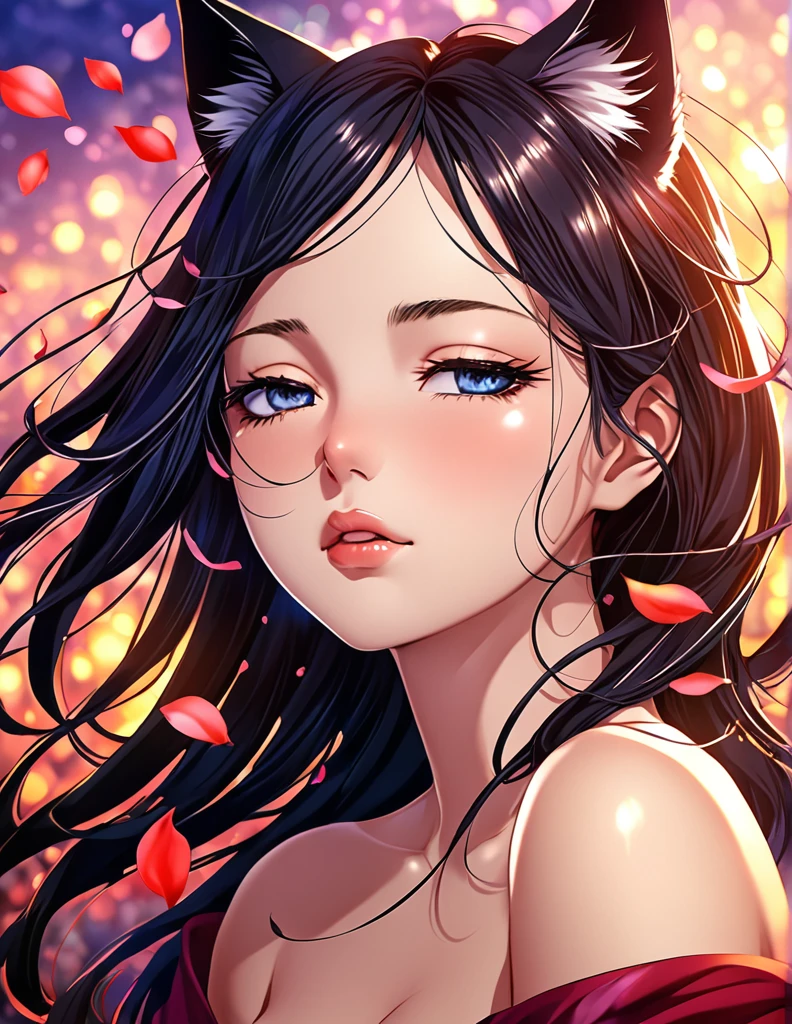 (Harem Manga style:1.2) , Hallucination, daydream , nightmare , Insane Dream , bokeh , erotica , romance , cat nymph and realistic cat , Petals fluttering down , (Single eyelids, round nose, swollen cheeks) , glossy lips , Collarbone , Hair blowing in the wind , Goddess of lust