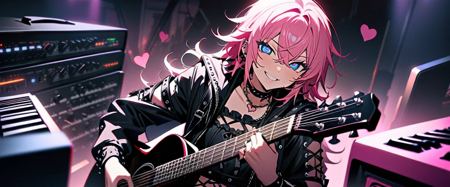 (((masterpiece,Highest quality))),(((A beautiful male anime crossdresser with long pink hair and blue eyes wearing a punk ta style visual kei outfit, holding a guitar))),((He is holding a guitar and surrounded by multiple keyboard synthesizers.)),(((Looking at me with a teasing smile,Heart mark in the eyes))),Focus on the upper body,(high quality),アニメ