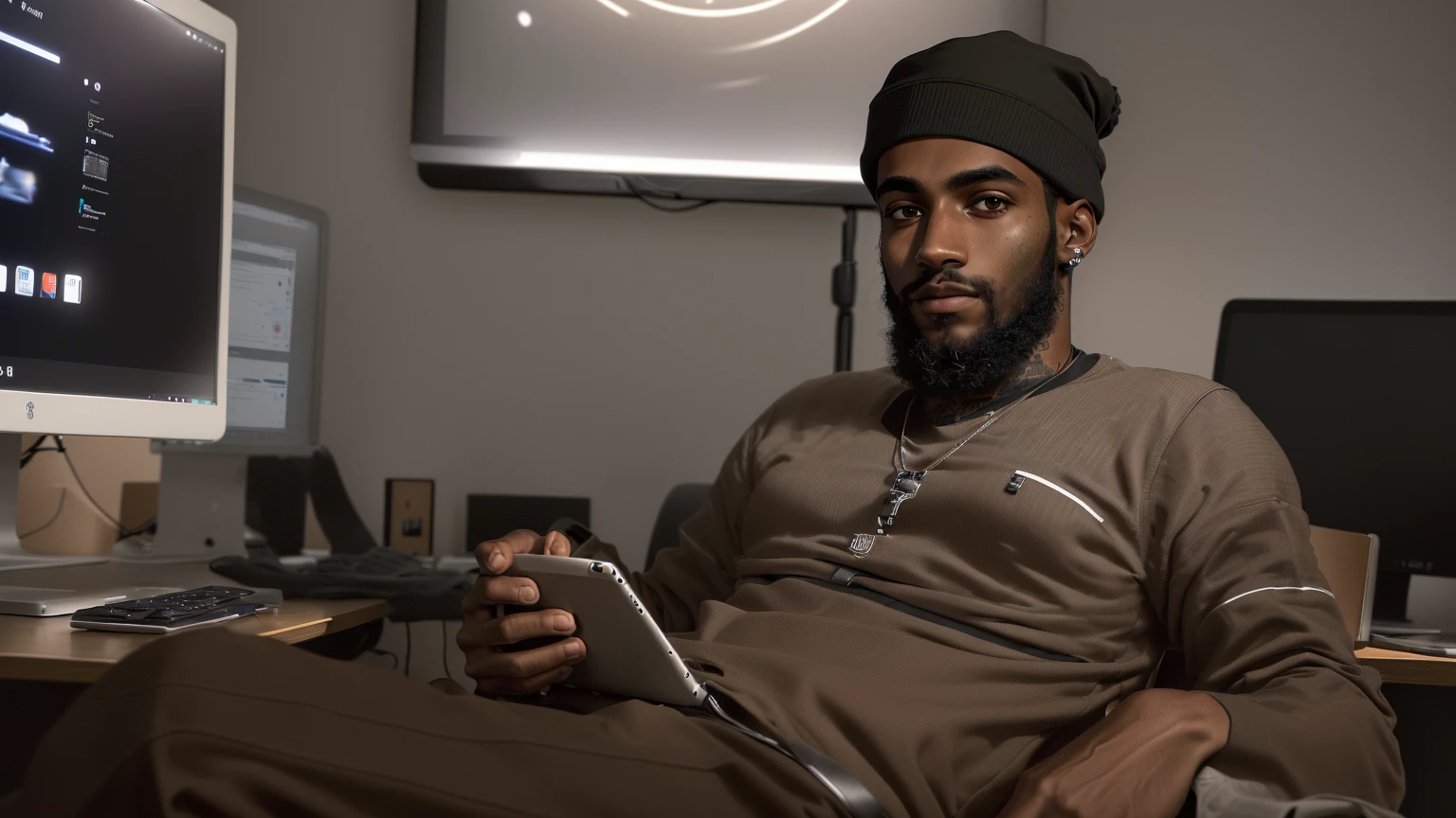 there is a man sitting in a chair with a tablet, mkbhd, com um laptop no colo, Riyad Cassim, sitting at a computer, sitting in front of the computer, masterpiece of art, nipsey hustle, in front of a computer, taken at the beginning of 2020, looking at his phone