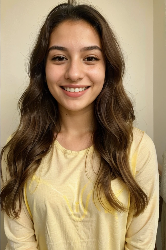 20YO, small nose, one women,attractive, Jordanian, Arab, Bright Yellow shirt, cute smile, cute face, white teethes, skinny face, light brown eyes, black/blonde long hair, modest