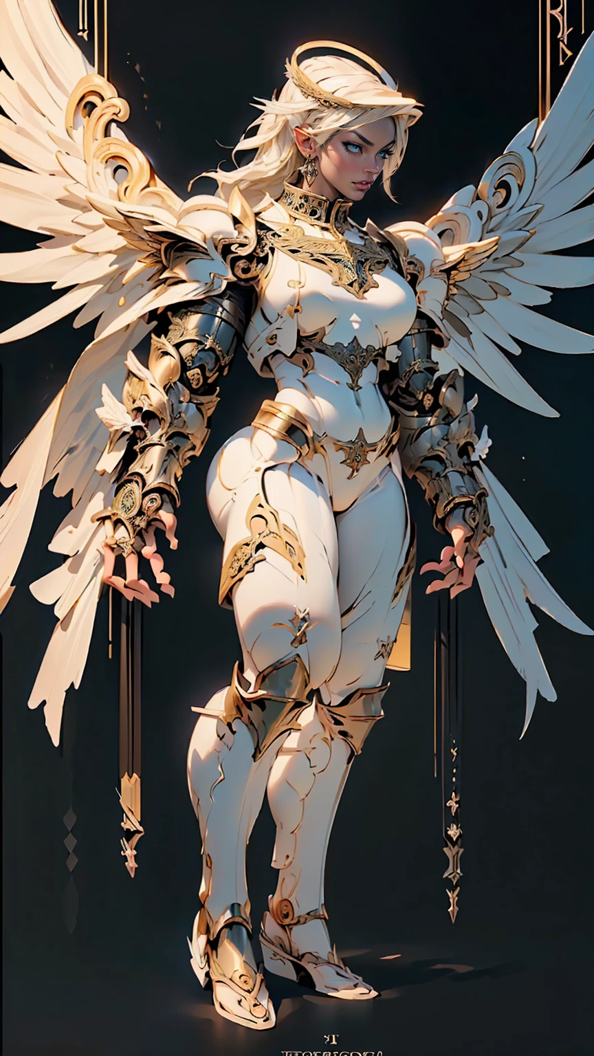 (cara delevingne), ((((((1 muscular angel girl)))))), (((huge upper body))), long hair, ((((huge angelic wings))), (((intricate ornate angelic full body armor))), ((((full body front view)))), (((perfect hands, perfect fingers))), (((tarot style background)))