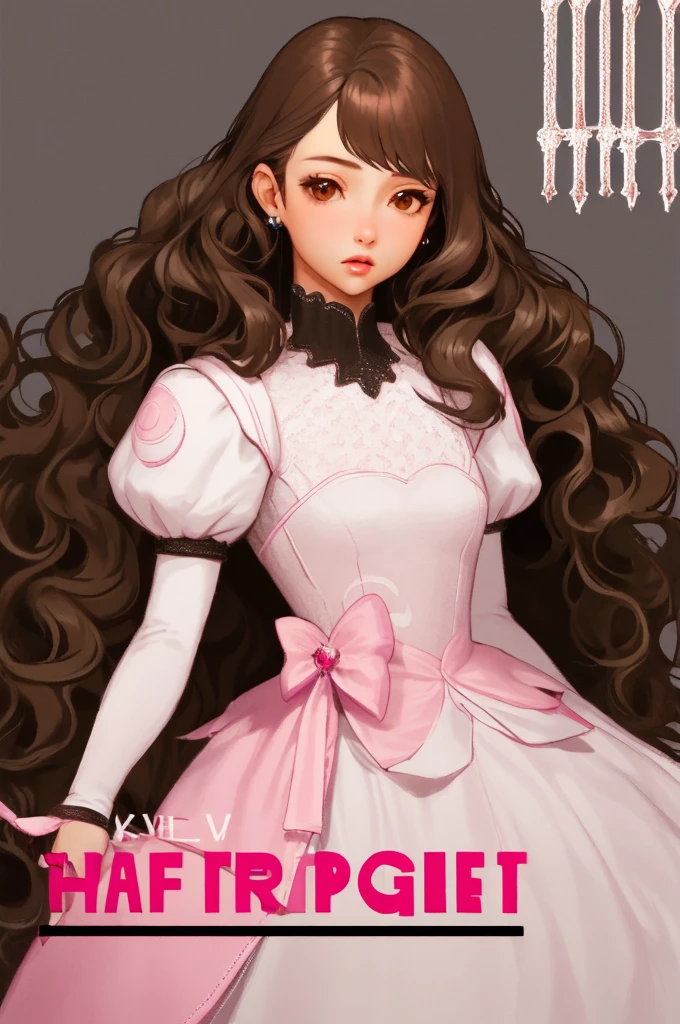 I need a semi-realistic anime style girl with brown eyes, long wavy brown hair, the girl must wear a modern pink and white princess dress with black, long and with accessories, with the phrase "Typa girl"