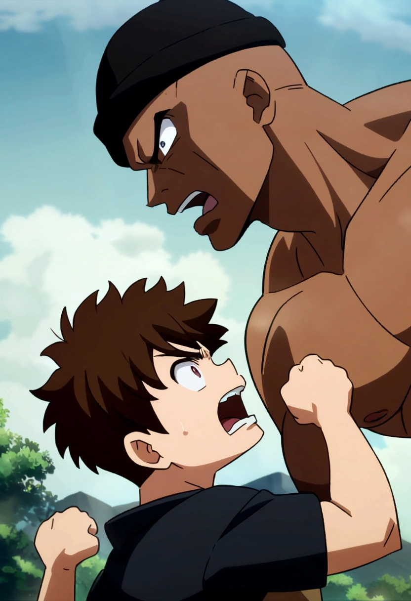Fit boy with black beanie hat and medium long brown hair, fighting a muscular black man with no hat and short hair, both face to face punching each other wildly, anime style