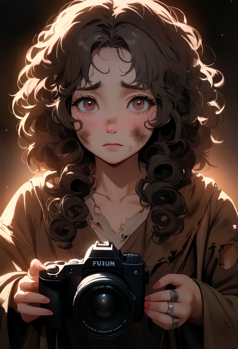 (​masterpiece), best qualityer, face perfect, expressive eyes, (modelshoot style), A sad homeless woman, fully body ((in old torn and dirty clothes)), (shy), 1girl, soli, messy brown and curly hair, very highly detailed face, Beautiful  eyes, [chubby], adorable, with bright pink cheeks, sad eyes, very beautiful, (rembrandt lighting), Primavera Zeiss, ultra realisitic, (highly detailed skin: 1.2), 8K  UHD, dslr, Dramatic ring light, high qualiy, Fujifilm XT3