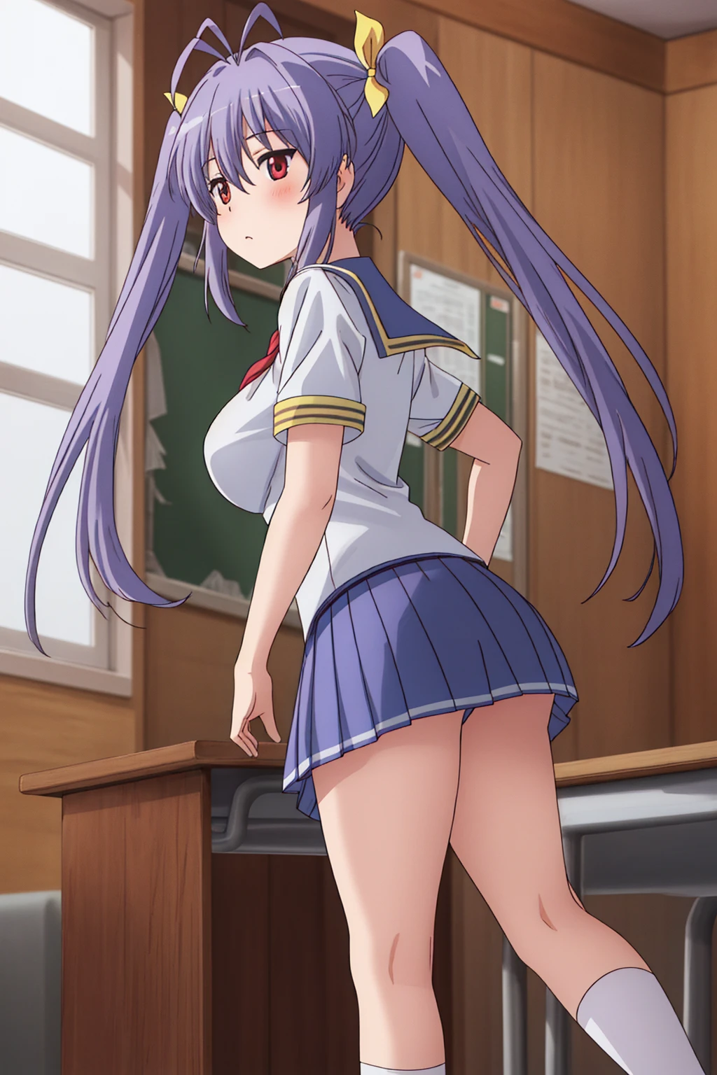 girl, solo, beautiful body, perfect body, nice body, (huge Breasts),

miyauchi_renge_nonnonbiyori, purple_hair, red_eyes, long_hair, twintails, ribbon, hair_ribbon, blush, antenna_hair, yellow_ribbon, hair_between_eyes, (school uniform:1.5), (pleated skirt:1.5), (miniskirt:1.5), short sleeve, tight, necktie, student shoes, white sock,

official art, extremely detailed CG unity 8k wallpaper, perfect lighting, Colorful, (best_quality:1.0), ultra high res,4K, ultra-detailed, 8K, HDR, high resolution,  absurdres:1.2, film grain, (vibrant_color:1.2), (narrow waist), huge breasts, (masterpiece:1.2), ((best quality:1.3)), ultra-detailed, ray-traced, high-fidelity textures, crisp focus, dynamic pose, dynamic art, dynmic angle, 