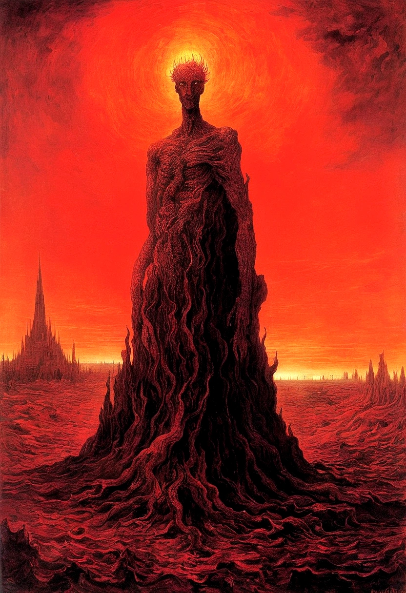 Mythical creatures, author：Zdzislaw Beksiński and Vincent Van Gogh, Album cover, romantic, Surrealism, Futuristic ,Satan, Coral, Wizard, Abstracted, dark, red, hell, landscape