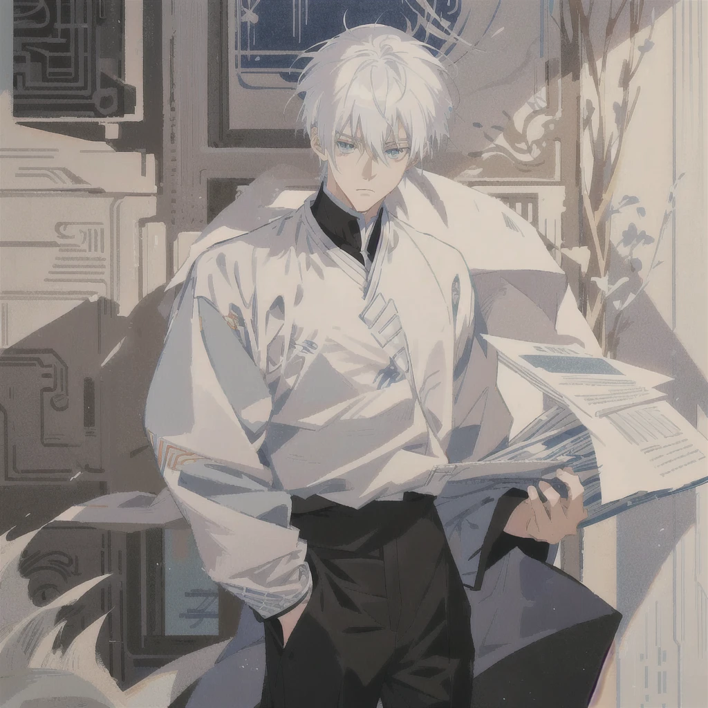 anime character with white hair and black pants standing in front of a wall of papers, handsome anime pose, male anime character, artwork in the style of guweiz, young anime man, tall anime guy with blue eyes, anime full body illustration, white haired, detailed anime character art, pixiv daily ranking, anime aesthetic