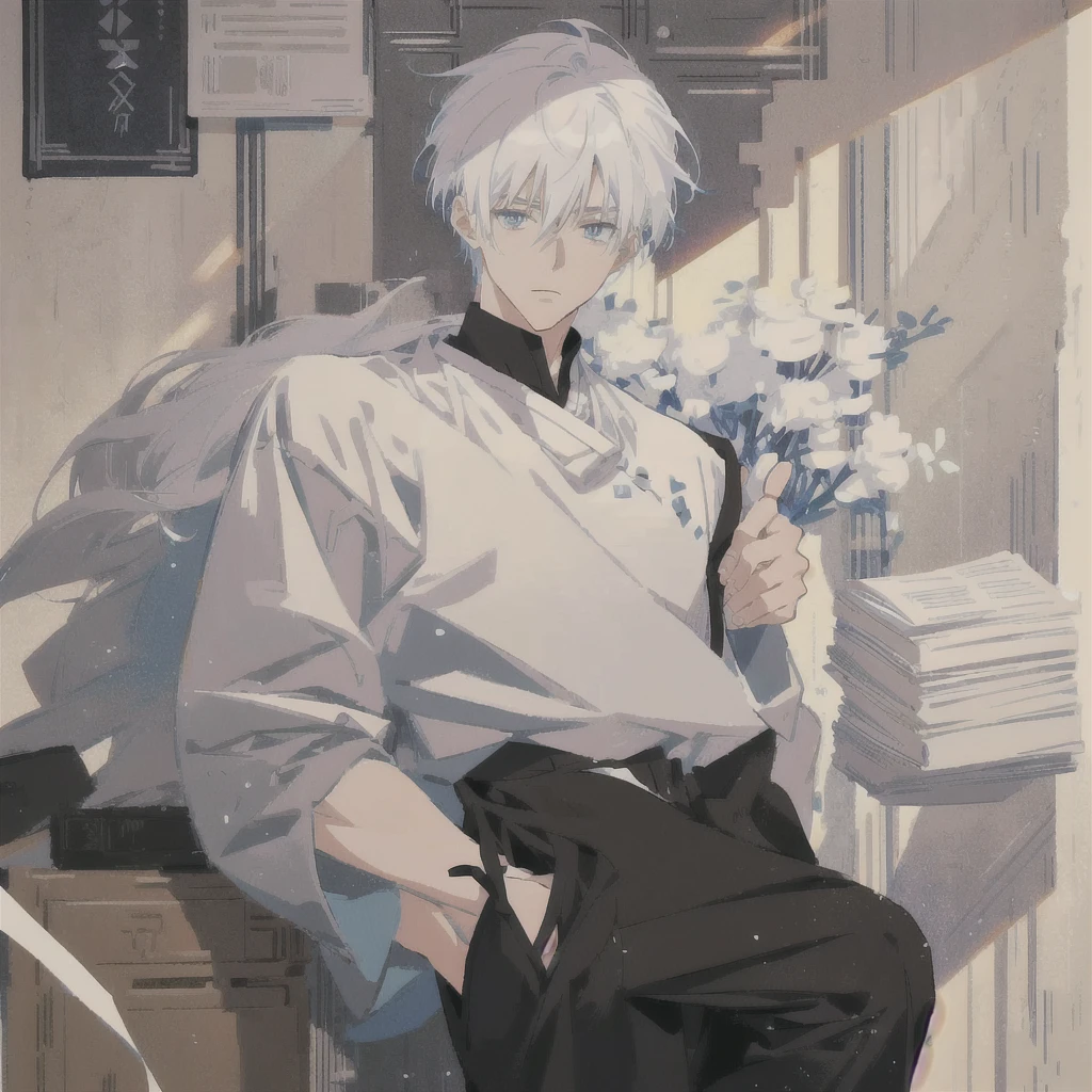 anime character with white hair and black pants standing in front of a wall of papers, handsome anime pose, male anime character, artwork in the style of guweiz, young anime man, tall anime guy with blue eyes, anime full body illustration, white haired, detailed anime character art, pixiv daily ranking, anime aesthetic