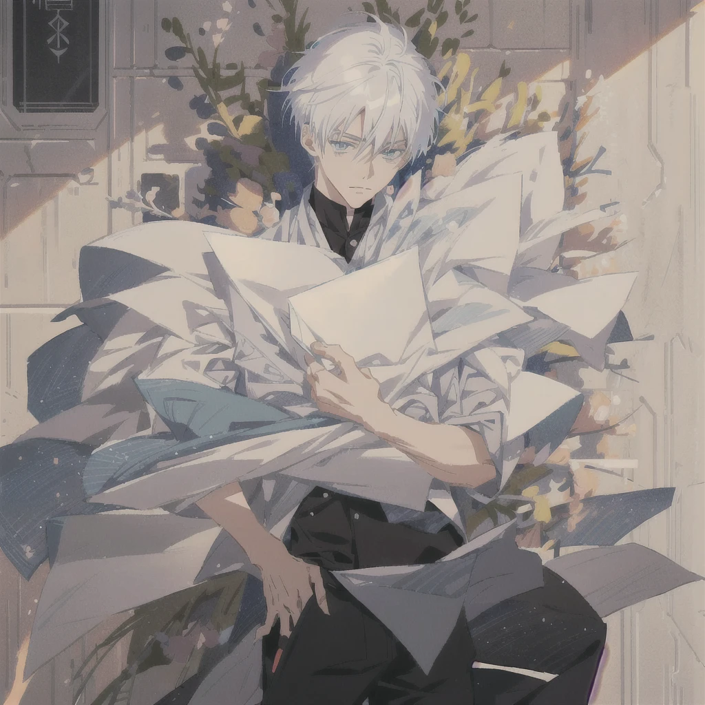 anime character with white hair and black pants standing in front of a wall of papers, handsome anime pose, male anime character, artwork in the style of guweiz, young anime man, tall anime guy with blue eyes, anime full body illustration, white haired, detailed anime character art, pixiv daily ranking, anime aesthetic