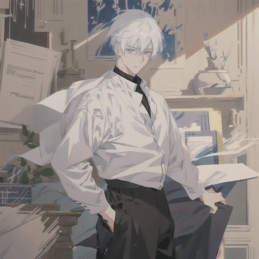anime character with white hair and black pants standing in front of a wall of papers, handsome anime pose, male anime character, artwork in the style of guweiz, young anime man, tall anime guy with blue eyes, anime full body illustration, white haired, detailed anime character art, pixiv daily ranking, anime aesthetic