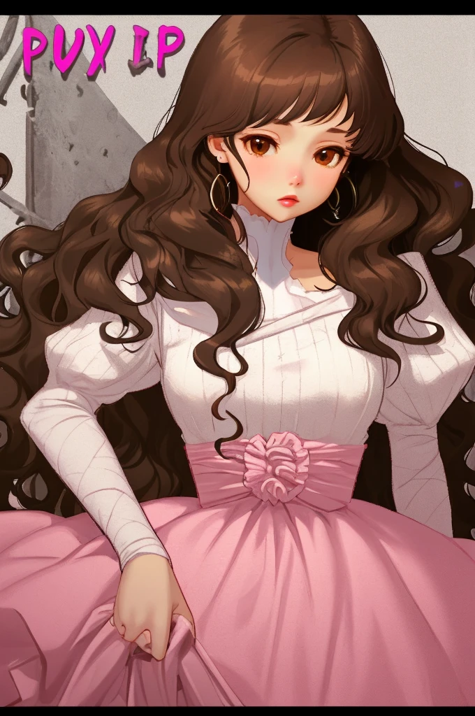 I need a semi-realistic anime style girl with brown eyes, long wavy brown hair, and round cravings the girl must wear a modern pink and white princess dress with black, long and with accessories, with the phrase "Typa girl"