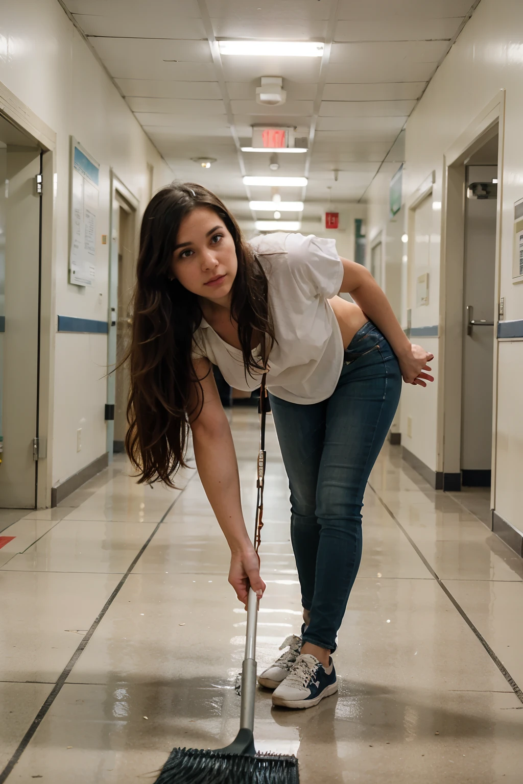 arafed woman sweeping the floor in a school hallway, high school, sweeping, clean detailed, super clean, miranda meeks, katey truhn, puttin, rachel wall, clean, alana fletcher, crisp and sharp, maintenance, clean line, jenna barton, b - roll, clean composition, nice composition, very clean, majestic sweeping action, perfect detail, 