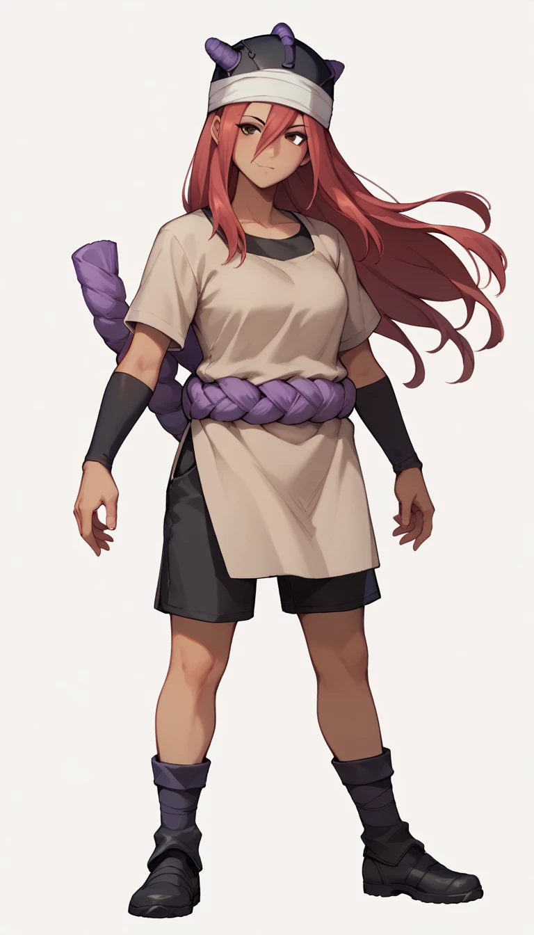 nsfw, +18, tall, milf, tayuya, red hair, long hair, brown eyes, tan tunic, purple rope belt, black shorts, arm warmers, black headwear, full body, standing, 