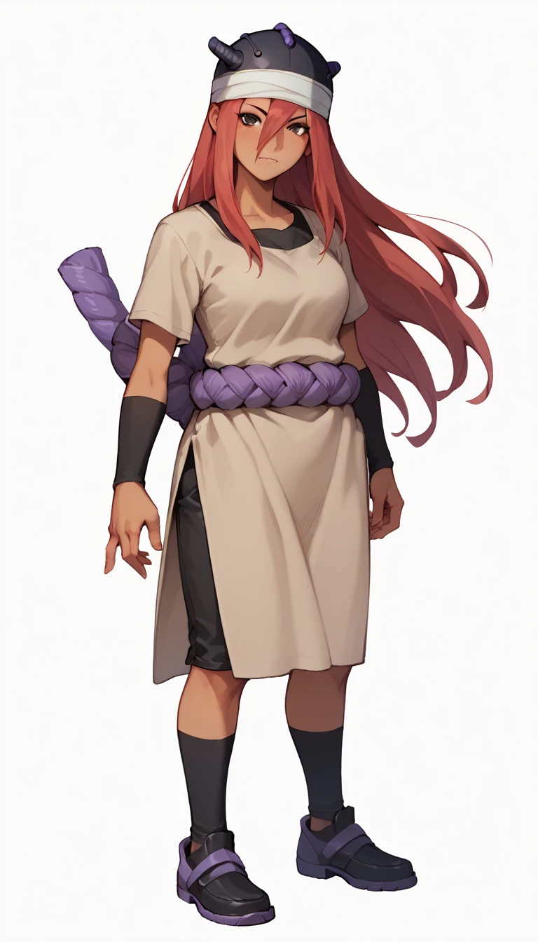 nsfw, +18, tall, milf, tayuya, red hair, long hair, brown eyes, tan tunic, purple rope belt, black shorts, arm warmers, black headwear, full body, standing, 