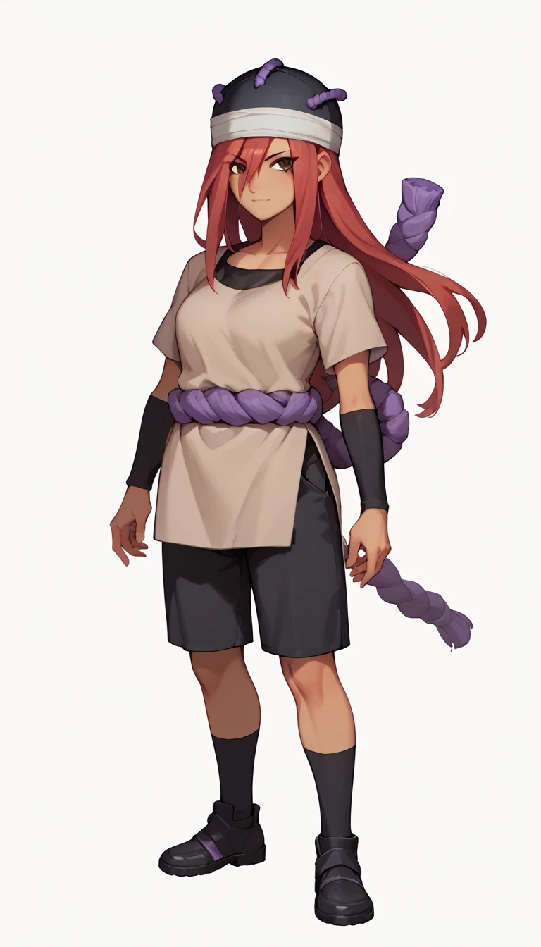 nsfw, +18, tall, milf, tayuya, red hair, long hair, brown eyes, tan tunic, purple rope belt, black shorts, arm warmers, black headwear, full body, standing, 