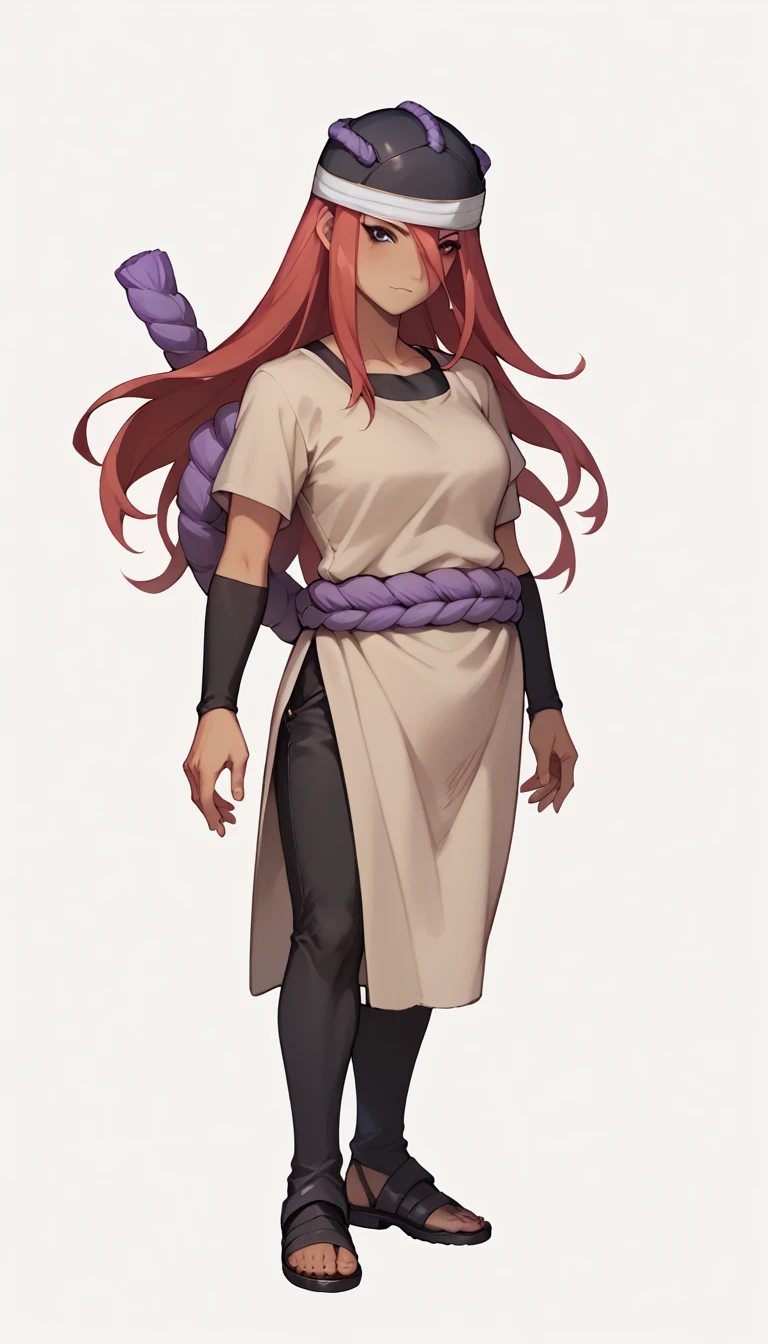 nsfw, +18, tall, milf, tayuya, red hair, long hair, brown eyes, tan tunic, purple rope belt, black shorts, arm warmers, black headwear, full body, standing, 