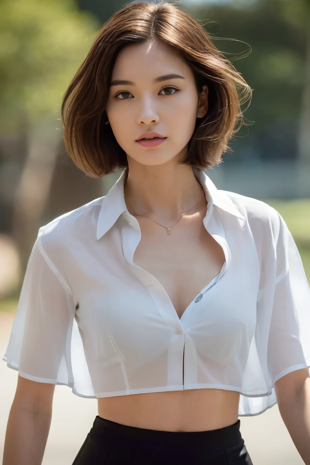 ((top-quality、8K、masterpiece: 1.erfect Body Beauty: 1.4、Slender Abs: 1.2、Beautiful woman with slender abs:1.3、(Highlight Haircutreast B Cup:1.2), medium breast, round shape breast, perfect shape breast, (( ((open shirt)) reveal sport bra underneath, and black pencil skirt )), necklace, hyperdetailed face、18year old、 Pretty women、(Dark brown short-cut hair), Slim Face、Highly detailed facial and skin texture、very detailed lips、opens legs、top-quality、masterpiece、超A high resolution、(Photorealsitic:1.4), walked forward confidently, long shot