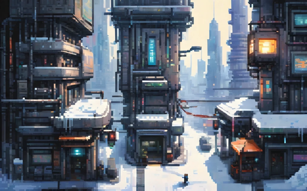 City at winter, Sidescroller game level, A futuristic cyberpunk city controlled by robots, pixel art painting by Yoko Tsuno, best quality, masterpiece, high details, Ultra intricate detailed