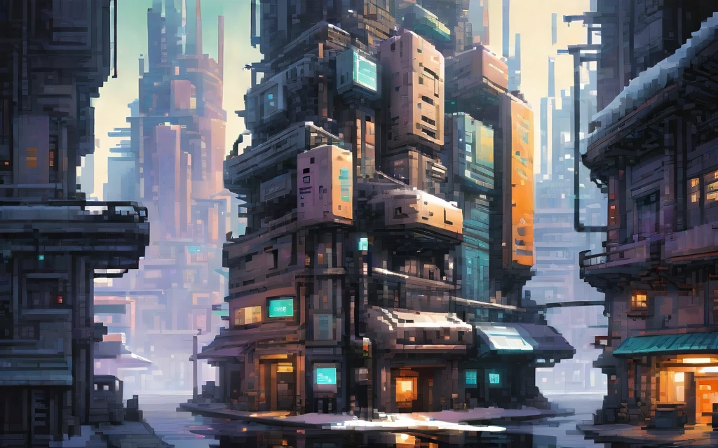 City at winter, Sidescroller game level, A futuristic cyberpunk city controlled by robots, pixel art painting by Yoko Tsuno, best quality, masterpiece, high details, Ultra intricate detailed