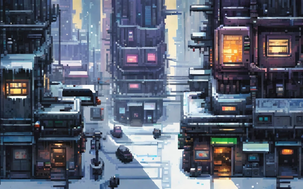 City at winter, Sidescroller game level, A futuristic cyberpunk city controlled by robots, pixel art painting by Yoko Tsuno, best quality, masterpiece, high details, Ultra intricate detailed